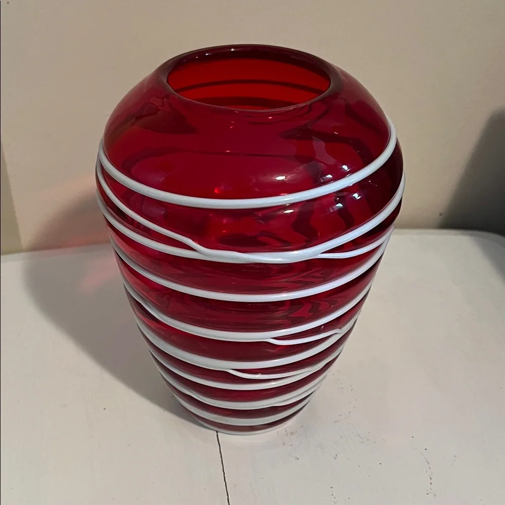 Vase - THICK Red Glass w White Inlaid Swirls - Lovely & Unusual - Vintage
